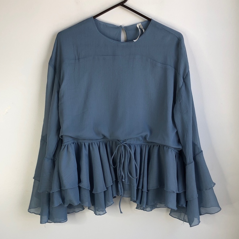 Anthropologie Blue Ruffled Peplum  Hem Long Sleeve Top